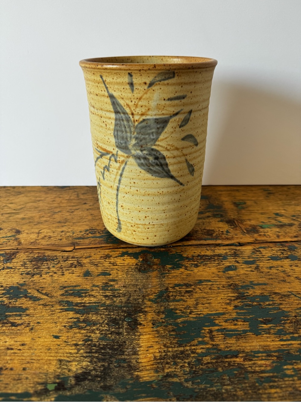Handcrafted Stoneware Vase/Canister - Cream with Gray Floral Design